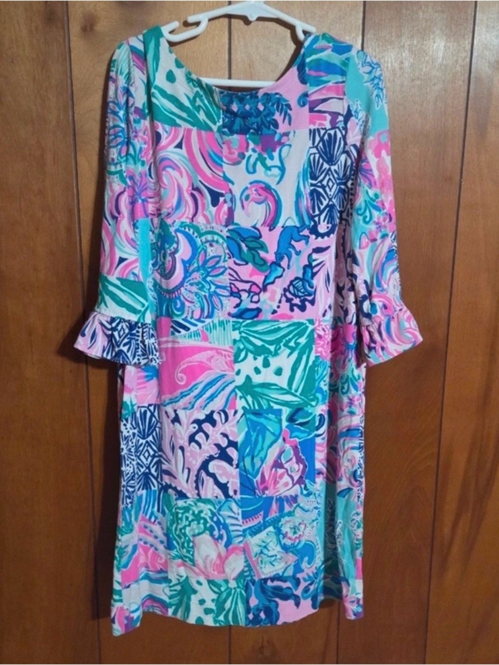 Lilly Pulitzer Pink, Teal & Blue Patchwork Floral Ruffle-Sleeve Shift Dress